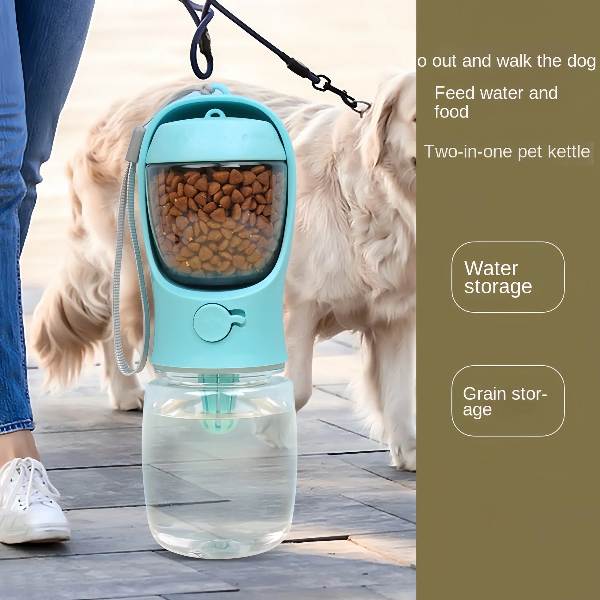 Botella de agua portátil para perros con almacenamiento de alimentos